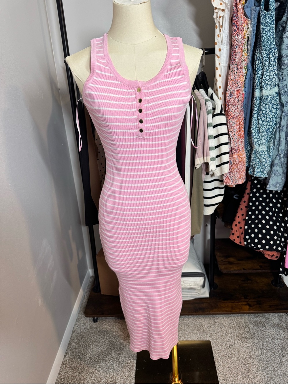 Love Tree Pink & White Ribbed Tank Midi Dress with Button Front